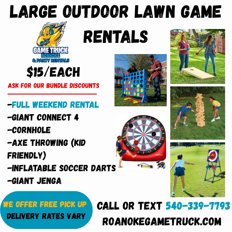 Large outdoor lawn game rentals in Roanoke VA including giant connect 4, cornhole, axe throwing and giant Jenga